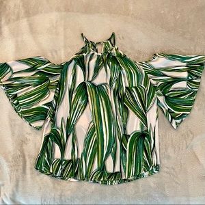 Tropical Blouse w/ Open Shoulders, Flared Sleeves